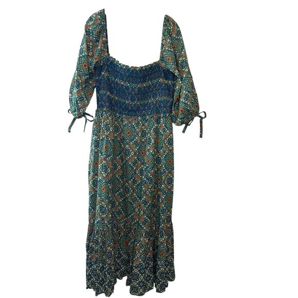 Cara Cara Moroccan Tile Teal Jazzy Midi Dress Size Large Boho Smocked Dress - Picture 4 of 12